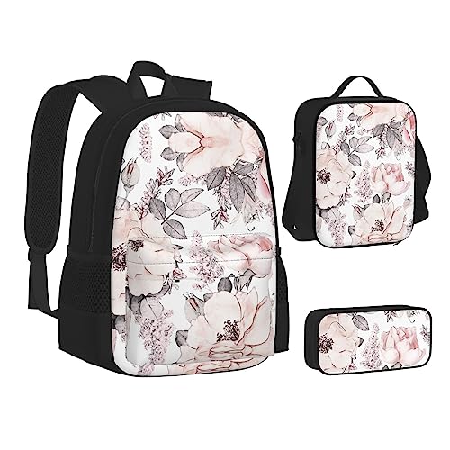 FRGMNT Rot Schwarz Karo Plaid Muster Rucksack Schule Büchertaschen Set Lunchtasche Federmäppchen Schulrucksäcke für Teenager Mädchen Jungen, Rosa Blumenmuster, Einheitsgröße, Schulrucksack von FRGMNT