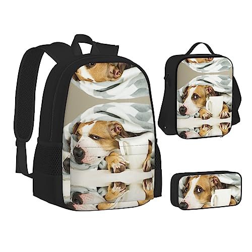 FRGMNT Rot Schwarz Karo Plaid Muster Rucksack Schule Büchertaschen Set Lunchtasche Federmäppchen Schulrucksäcke für Teenager Mädchen Jungen, Ruhender Hund, Einheitsgröße, Schulrucksack von FRGMNT