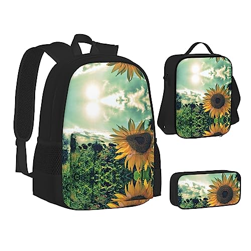 FRGMNT Schwarz und Weiß Löwe Paare Rucksack Schule Büchertaschen Set Lunchtasche Federmäppchen Schulrucksäcke für Teenager Mädchen Jungen, Wunderschöne Sonnenblume, Einheitsgröße, Schulrucksack von FRGMNT