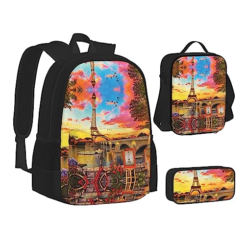 FRGMNT Schwarz und Weiß Löwe Paare Rucksack Schule Büchertaschen Set Lunchtasche Federmäppchen Schulrucksäcke für Teenager Mädchen Jungen, eiffelturm - paris, Einheitsgröße, Schulrucksack von FRGMNT