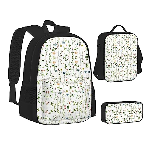 FRGMNT Schwarz und Weiß Strand Rucksack Schule Büchertaschen Set Lunchtasche Federmäppchen Schulrucksäcke für Teenager Mädchen Jungen, Jahreszeit Wasserfarben von Kräutern Blumen, Einheitsgröße, Schulrucksack von FRGMNT