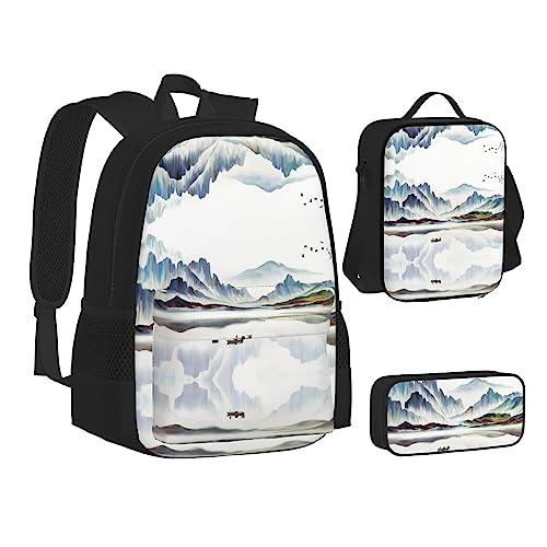 FRGMNT Schwarz und Weiß Strand Rucksack Schule Büchertaschen Set Lunchtasche Federmäppchen Schulrucksäcke für Teenager Mädchen Jungen, Landschaftsbild, Einheitsgröße, Schulrucksack von FRGMNT