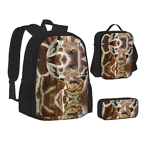 FRGMNT Schwarz und Weiß Strand Rucksack Schule Büchertaschen Set Lunchtasche Federmäppchen Schulrucksäcke für Teenager Mädchen Jungen, Niedliche Giraffe, Einheitsgröße, Schulrucksack von FRGMNT