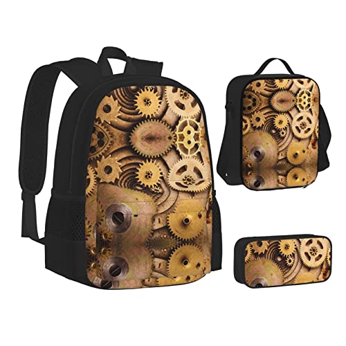 FRGMNT Schwarz und Weiß Strand Rucksack Schule Büchertaschen Set Lunchtasche Federmäppchen Schulrucksäcke für Teenager Mädchen Jungen, The Clocks Themen-Zahnräder, Einheitsgröße, Schulrucksack von FRGMNT