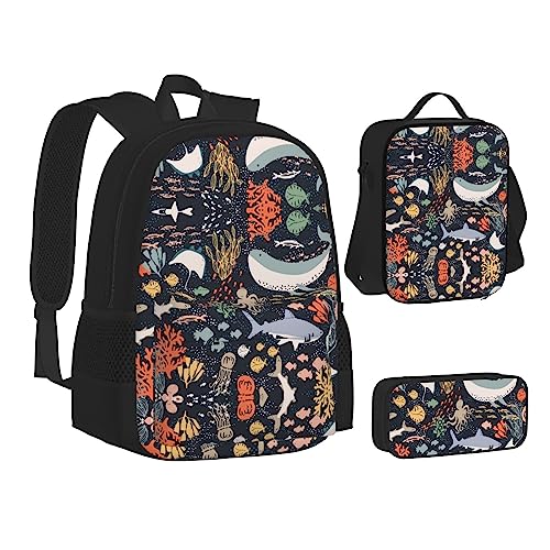 FRGMNT Segelboot Wellen und Oktopus Rucksack Schule Büchertaschen Set Lunchtasche Federmäppchen Schulrucksäcke für Teen Mädchen Jungen, Bunte Kraken, Einheitsgröße, Schulrucksack von FRGMNT