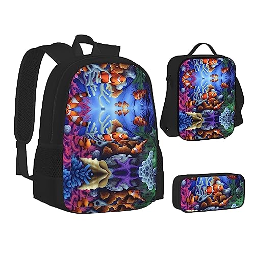 FRGMNT Segelboot Wellen und Oktopus Rucksack Schule Büchertaschen Set Lunchtasche Federmäppchen Schulrucksäcke für Teen Mädchen Jungen, Cartoon-Clownfisch, Einheitsgröße, Schulrucksack von FRGMNT