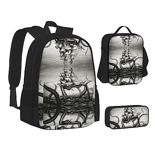 FRGMNT Segelboot Wellen und Oktopus Rucksack Schule Büchertaschen Set Lunchtasche Federmäppchen Schulrucksäcke für Teen Mädchen Jungen, Segelboot Wellen und Oktopus, Einheitsgröße, Schulrucksack von FRGMNT