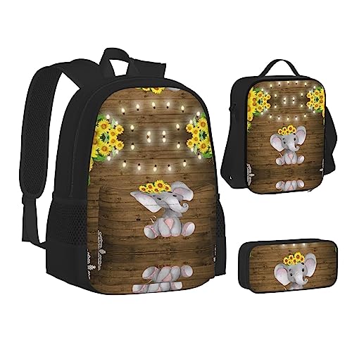 FRGMNT Sonnenblume Elefant Holzboden Rucksack Schule Büchertaschen Set Lunchtasche Federmäppchen Schulrucksäcke für Teenager Mädchen Jungen, Sonnenblumen-Elefant Holzboden, Einheitsgröße, Schulrucksack von FRGMNT