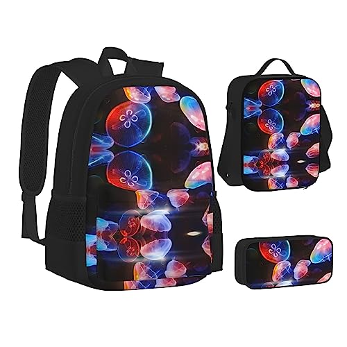 FRGMNT Sonnenblume mit Sonnenuntergang Rucksack Schule Büchertaschen Set Lunchtasche Federmäppchen Schulrucksäcke für Teen Mädchen Jungen, Bunte Quallen, Einheitsgröße, Schulrucksack von FRGMNT