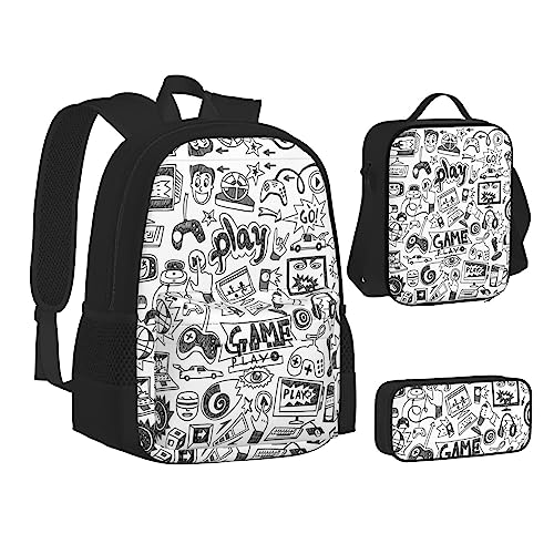 FRGMNT Sonnenblume mit Sonnenuntergang Rucksack Schule Büchertaschen Set Lunchtasche Federmäppchen Schulrucksäcke für Teen Mädchen Jungen, Einfarbige Gaming-Skizzene, Einheitsgröße, Schulrucksack von FRGMNT