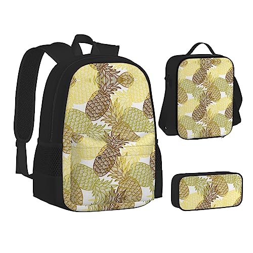 FRGMNT Sonnenblume mit Sonnenuntergang Rucksack Schule Büchertaschen Set Lunchtasche Federmäppchen Schulrucksäcke für Teen Mädchen Jungen, Exotische tropische Ananas, Einheitsgröße, Schulrucksack von FRGMNT