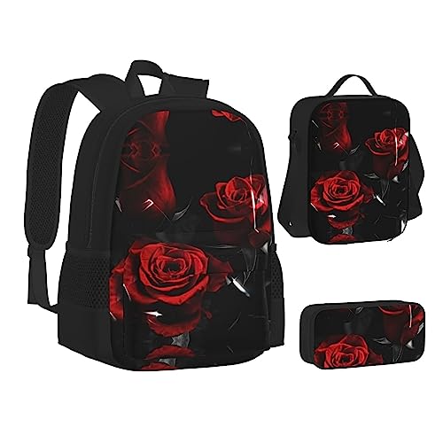 FRGMNT Sonnenblume mit Sonnenuntergang Rucksack Schule Büchertaschen Set Lunchtasche Federmäppchen Schulrucksäcke für Teen Mädchen Jungen, rote rose, Einheitsgröße, Schulrucksack von FRGMNT