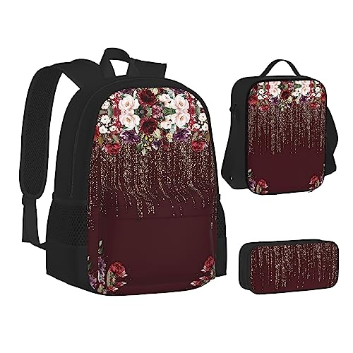 FRGMNT Star Wolves Rucksack Schule Büchertaschen Set Lunchtasche Federmäppchen Schulrucksäcke für Teen Mädchen Jungen, Rose, Blumenmuster, Einheitsgröße, Schulrucksack von FRGMNT