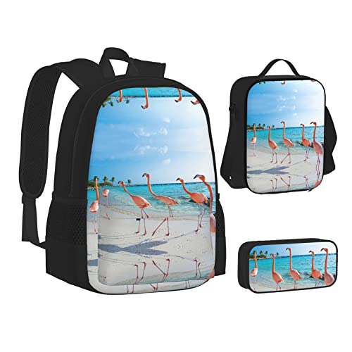 FRGMNT Tiger mit blaugrünen Augen Rucksack Schule Büchertaschen Set Lunchtasche Federmäppchen Schulrucksäcke für Teen Mädchen Jungen, Rosa Flamingo am Strand, Einheitsgröße, Schulrucksack von FRGMNT