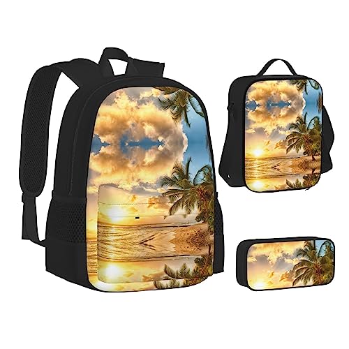 FRGMNT Tower Bridge in London Rucksack Schule Büchertaschen Set Lunchtasche Federmäppchen Schulrucksäcke für Teen Mädchen Jungen, Sonnenuntergang Hawaii Palme, Einheitsgröße, Schulrucksack von FRGMNT