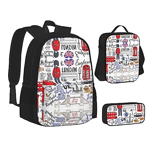 FRGMNT Verschiedene Arten von Angelködern Rucksack Schule Büchertaschen Set Lunchtasche Federmäppchen Schulrucksäcke für Teenager Mädchen Jungen, I Love London, Einheitsgröße, Schulrucksack von FRGMNT