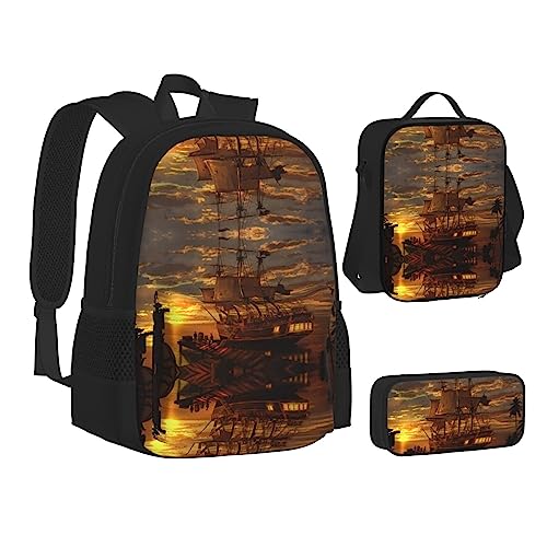 FRGMNT Wasserfall fließender Rucksack Schule Büchertaschen Set Lunchtasche Federmäppchen Schulrucksäcke für Teenager Mädchen Jungen, Boot in der Dämmerung, Einheitsgröße, Schulrucksack von FRGMNT