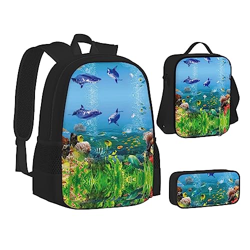 FRGMNT Wasserfall fließender Rucksack Schule Büchertaschen Set Lunchtasche Federmäppchen Schulrucksäcke für Teenager Mädchen Jungen, Sea World, Einheitsgröße, Schulrucksack von FRGMNT