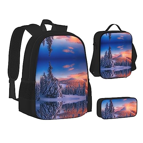 FRGMNT Wasserfall fließender Rucksack Schule Büchertaschen Set Lunchtasche Federmäppchen Schulrucksäcke für Teenager Mädchen Jungen, Winter Wonderlands, Einheitsgröße, Schulrucksack von FRGMNT