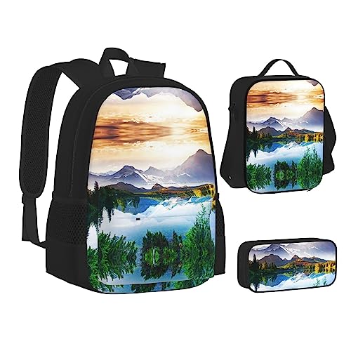 FRGMNT Weihnachten Happy Snowman Rucksack Schule Büchertaschen Set Lunchtasche Federmäppchen Schulrucksäcke für Teen Mädchen Jungen, Berg See Ausblick Sunny Day Natur, Einheitsgröße, Schulrucksack von FRGMNT