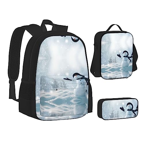 FRGMNT Weihnachten Happy Snowman Rucksack Schule Büchertaschen Set Lunchtasche Federmäppchen Schulrucksäcke für Teen Mädchen Jungen, Weihnachtlicher Schneemann, Einheitsgröße, Schulrucksack von FRGMNT