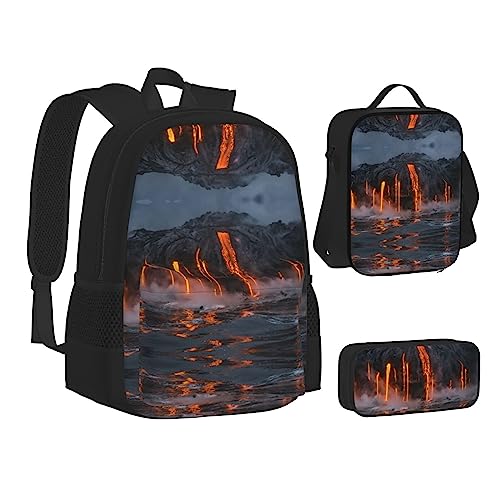 FRGMNT Weißer Baum und Schneemänner Rucksack Schule Büchertaschen Set Lunchtasche Federmäppchen Schulrucksäcke für Teenager Mädchen Jungen, Kilauea Volcano, Einheitsgröße, Schulrucksack von FRGMNT