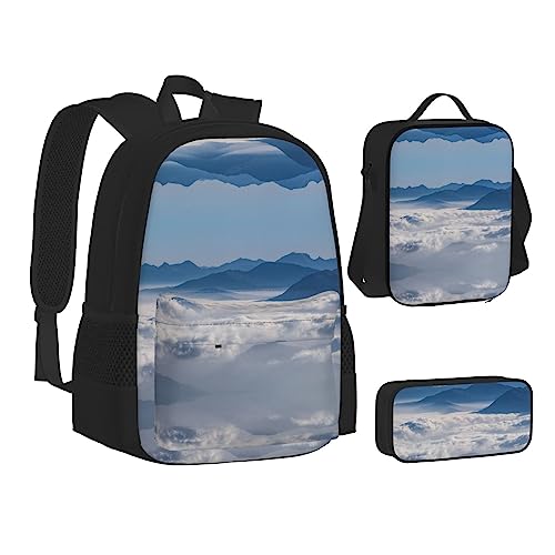 FRGMNT Weißer Baum und Schneemänner Rucksack Schule Büchertaschen Set Lunchtasche Federmäppchen Schulrucksäcke für Teenager Mädchen Jungen, Landschaft mit Bergen und Wolken, Einheitsgröße, Schulrucksack von FRGMNT