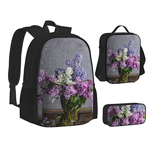 FRGMNT Weißer Baum und Schneemänner Rucksack Schule Büchertaschen Set Lunchtasche Federmäppchen Schulrucksäcke für Teenager Mädchen Jungen, Lila Blumen, Einheitsgröße, Schulrucksack von FRGMNT