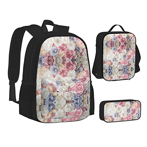 FRGMNT Weißer Baum und Schneemänner Rucksack Schule Büchertaschen Set Lunchtasche Federmäppchen Schulrucksäcke für Teenager Mädchen Jungen, Rose Blume Floral, Einheitsgröße, Schulrucksack von FRGMNT