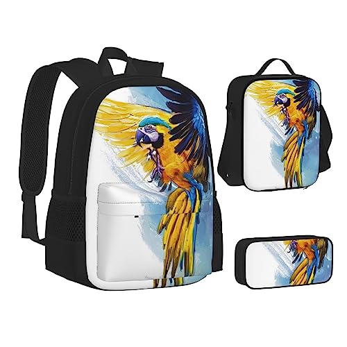 FRGMNT Weißer Schwan-Rucksack Schule Büchertaschen Set Lunchtasche Federmäppchen Schulrucksäcke für Teenager Mädchen Jungen, Fliegender Papagei, Einheitsgröße, Schulrucksack von FRGMNT