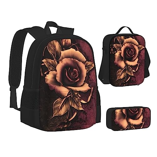 FRGMNT Weißer Schwan Rucksack Schule Büchertaschen Set Mittagessen Tasche Federmäppchen Schulrucksäcke für Teenager Mädchen Jungen, Gothic Rose, Einheitsgröße, Schulrucksack von FRGMNT