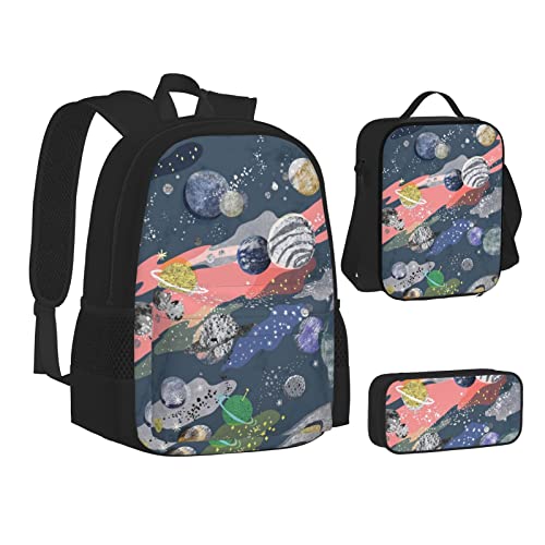 FRGMNT Weißer Schwan-Rucksack Schule Büchertaschen Set Lunchtasche Federmäppchen Schulrucksäcke für Teenager Mädchen Jungen, Planet, Einheitsgröße, Schulrucksack von FRGMNT