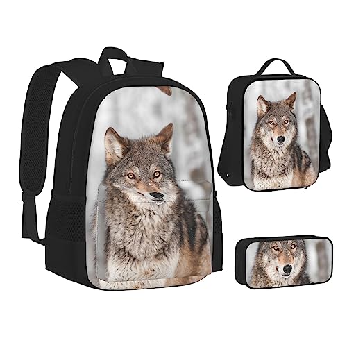 FRGMNT Wild Wolf Rucksack Schule Büchertaschen Set Lunchtasche Federmäppchen Schulrucksäcke für Teen Mädchen Jungen, Wild Animal Wolf, Einheitsgröße, Schulrucksack von FRGMNT