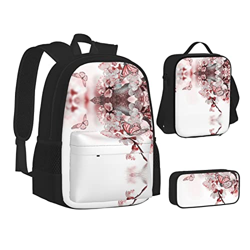 FRGMNT Winter Skifahren Rucksack Schule Büchertaschen Set Mittagessen Tasche Federmäppchen Schule Rucksäcke für Teenager Mädchen Jungen, Blume Schmetterling, Einheitsgröße, Schulrucksack von FRGMNT