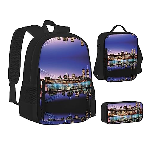 FRGMNT Winter Skifahren Rucksack Schule Büchertaschen Set Lunchtasche Federmäppchen Schulrucksäcke für Teen Mädchen Jungen, Brooklyn Bridge, Einheitsgröße, Schulrucksack von FRGMNT