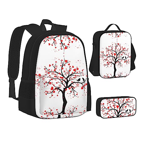 FRGMNT Winter Skifahren Rucksack Schule Büchertaschen Set Lunchtasche Federmäppchen Schulrucksäcke für Teen Mädchen Jungen, Roter Baum mit Liebesherzen, Einheitsgröße, Schulrucksack von FRGMNT