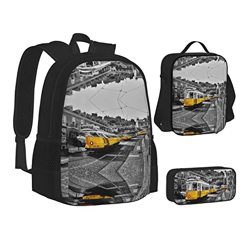 FRGMNT Winter Skifahren Rucksack Schule Büchertaschen Set Lunchtasche Federmäppchen Schulrucksäcke für Teen Mädchen Jungen, Stadtzug, Einheitsgröße, Schulrucksack von FRGMNT