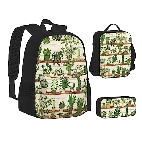 FRGMNT Winter Skifahren Rucksack Schule Büchertaschen Set Lunchtasche Federmäppchen Schulrucksäcke für Teen Mädchen Jungen, Tropische Kaktuspflanze, Einheitsgröße, Schulrucksack von FRGMNT