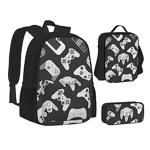 FRGMNT Wolf Kiss im Winter Rucksack Schule Büchertaschen Set Lunchtasche Federmäppchen Schulrucksäcke für Teen Mädchen Jungen, Gamecontroller, Einheitsgröße, Schulrucksack von FRGMNT