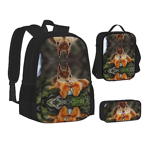 FRGMNT Wolf Kiss im Winter Rucksack Schule Büchertaschen Set Lunchtasche Federmäppchen Schulrucksäcke für Teen Mädchen Jungen, Lustiges Eichhörnchen., Einheitsgröße, Schulrucksack von FRGMNT