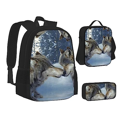 FRGMNT Wolf Kiss im Winter Rucksack Schule Büchertaschen Set Lunchtasche Federmäppchen Schulrucksäcke für Teen Mädchen Jungen, Wolf Kiss im Winter, Einheitsgröße, Schulrucksack von FRGMNT