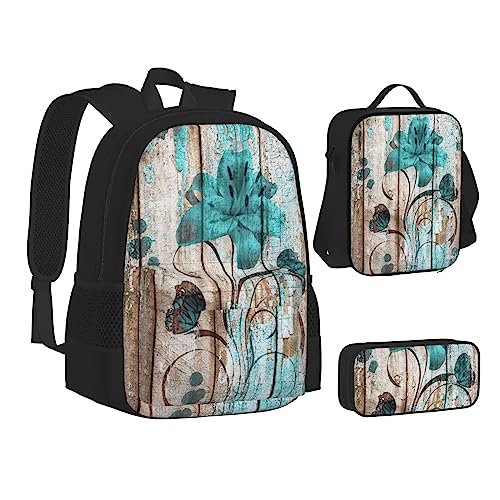 Floral Skull Rucksack Schule Büchertaschen Set Lunchtasche Federmäppchen Schulrucksäcke für Teen Mädchen Jungen, Blaugrüne Blume auf Holzdiele, Einheitsgröße, Schulrucksack von FRGMNT