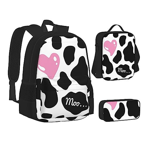 Floral Skull Rucksack Schule Büchertaschen Set Lunchtasche Federmäppchen Schulrucksäcke für Teen Mädchen Jungen, Schwarz-weiße Milchkuh, Einheitsgröße, Schulrucksack von FRGMNT