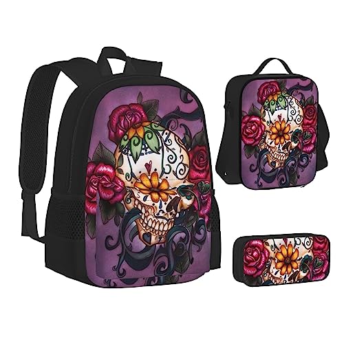 Floral Sugar Horror Skull Rucksack Schule Büchertaschen Set Lunchtasche Federmäppchen Schulrucksäcke für Teen Mädchen Jungen, Sugar Horror Totenkopf Blumen Rose, Einheitsgröße, Schulrucksack von FRGMNT