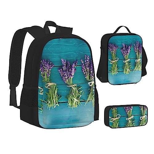 Frühling Blumen Rucksack Schule Büchertaschen Set Lunchtasche Federmäppchen Schulrucksäcke für Teen Mädchen Jungen, Blumensträuße in Violett, Einheitsgröße, Schulrucksack von FRGMNT