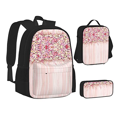 Frühling Blumen Rucksack Schule Büchertaschen Set Lunchtasche Federmäppchen Schulrucksäcke für Teen Mädchen Jungen, Blumenwand Rosa Rose, Einheitsgröße, Schulrucksack von FRGMNT