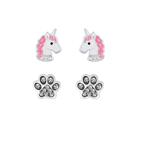 FRIEDA + PAUL 2er Set 2 Paare Set Einhorn Pfote Tatze Hund Tier Pink Mädchen Ohrstecker Ohrringe 925 Sterling Silber anlaufgeschützt Schmuckbox von FRIEDA PAUL 925 STERLING SILBER