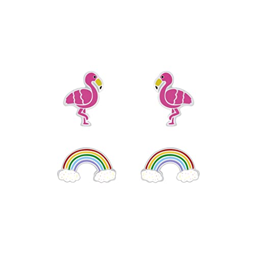 FRIEDA + PAUL 2er Set 2 Paare Set Flamingo Regenbogen Tier Pink Mädchen Ohrstecker Ohrringe 925 Sterling Silber anlaufgeschützt Schmuckbox von FRIEDA PAUL 925 STERLING SILBER