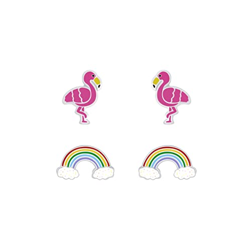 FRIEDA + PAUL 2er Set 2 Paare Set Flamingo Regenbogen Tier Pink Mädchen Ohrstecker Ohrringe 925 Sterling Silber anlaufgeschützt Schmuckbox von FRIEDA PAUL 925 STERLING SILBER