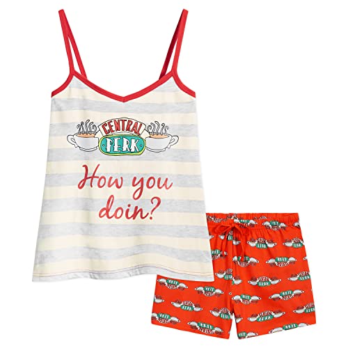 FRIENDS Schlafanzug Damen Kurz Spaghettiträger Top und Short Pyjama Set Central Perk Shorty Schlafanzüge für Damen (M, Grau/Rot) von FRIENDS